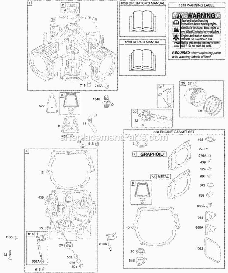 Engine Sump Cylinder Gasket Set - Engine Piston Rings Connecting Rod Diagram and Parts List for 303777-1114-E1  Briggs and Stratton Engine